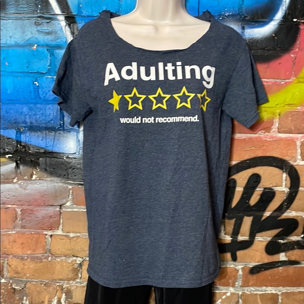 D O M EAGLE-women’s blue cotton blend ‘ADULTING ‘ short sleeve graphic t-shirt